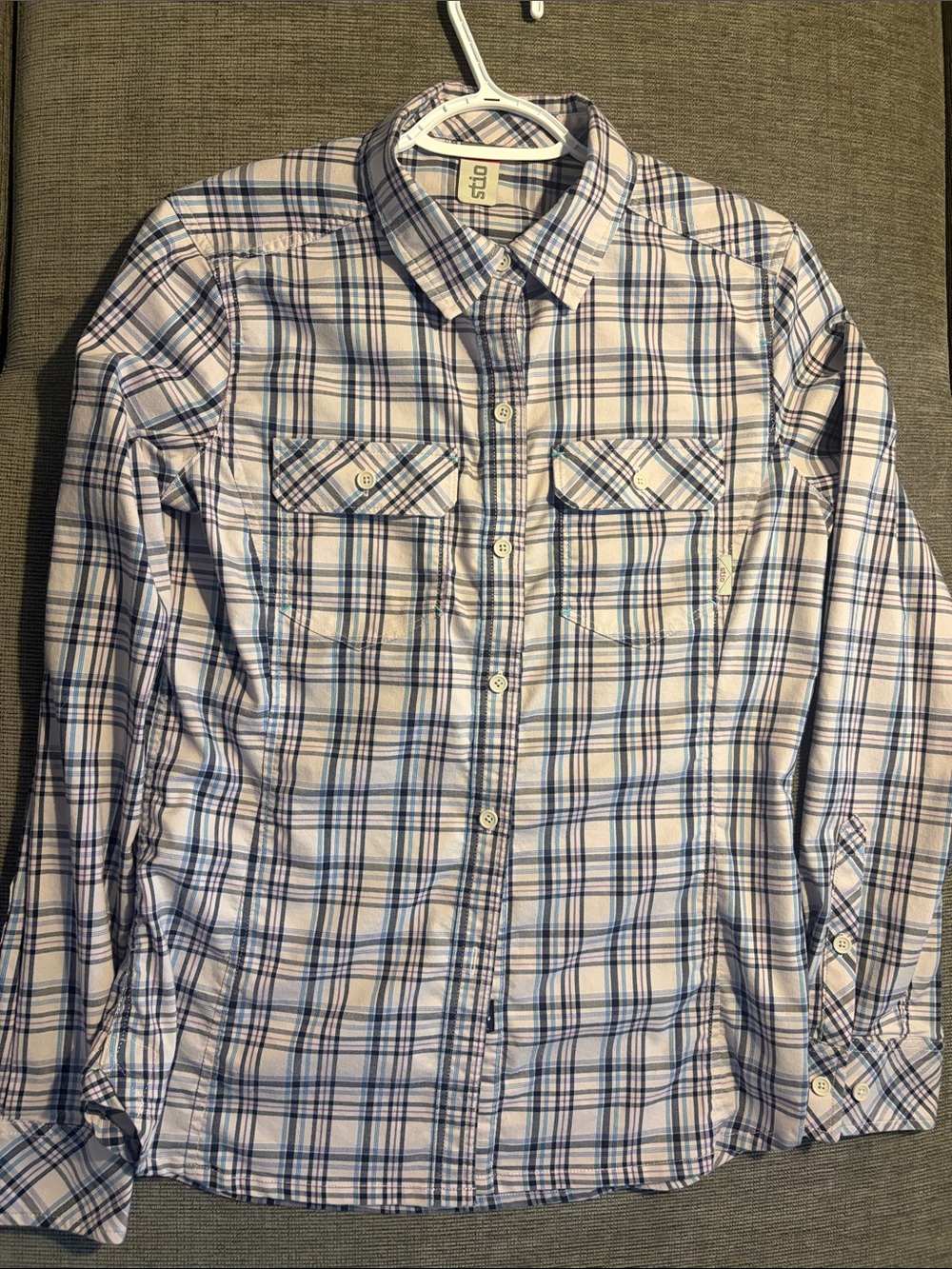 Stio Women's Plaid Button-Up Shirt in White and Blue